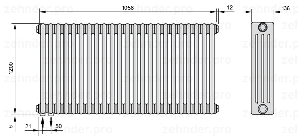 Схема (чертеж) Радиатор Zehnder Charleston 4120/23 №3370 Белый глянцевый RAL 9016